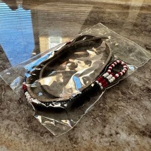 NWT Red/Black/White Beaded Black Leather Bracelet. Handmade Tanzania